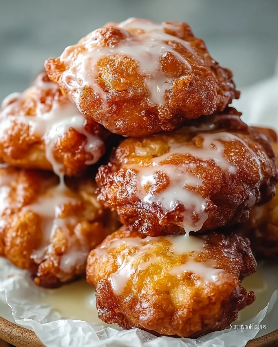 A close-up view of a stack of five golden brown fritters with a rough, crispy texture, each topped with a light drizzle of white glaze that is slightly shiny and dripping down the sides. The fritters show some darker brown spots from frying, adding to their crunchy look. They sit closely together on a white plate with a crinkled paper liner beneath them, set on a white marbled surface. The light glaze contrasts softly with the warm browned fritters, highlighting their uneven shapes and crispy edges. photo taken with an iphone --ar 4:5 --v 7