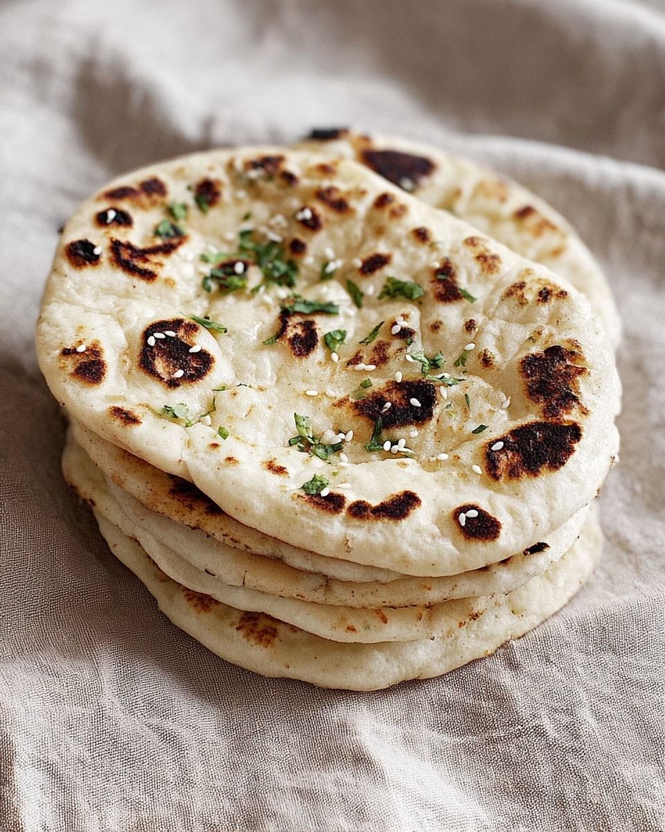 A round wooden plate holds five pieces of folded naan bread layered slightly on top of each other, showing a soft, fluffy texture with scattered small bits of garlic and light brown char spots on the edges. Two metal bowls sit on the plate; the top bowl contains a smooth bright green chutney, and the bottom bowl holds a rich, red curry with small round chickpeas visible in the sauce. The plate is placed on a white marbled surface. photo taken with an iphone --ar 4:5 --v 7