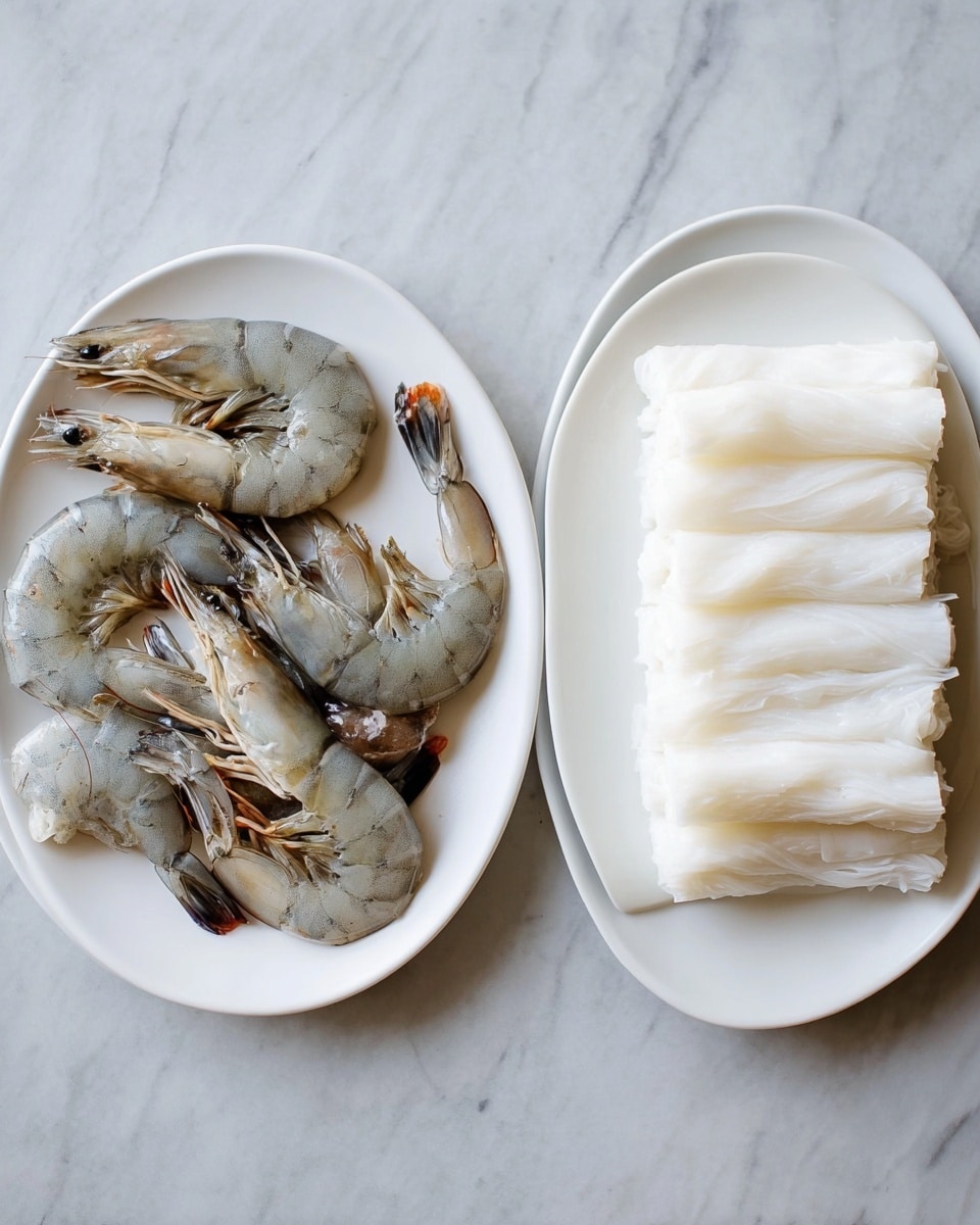 Two white plates are placed side by side on a white marbled surface. The plate on the left holds ten unpeeled raw shrimp with a mix of grey and white colors and small hints of orange near the tails. They are spread casually with some shrimp overlapping others. The plate on the right contains neatly folded layers of white, wide rice noodles stacked in two portions, showing a slightly smooth and soft texture with gentle folds. Photo taken with an iphone --ar 4:5 --v 7