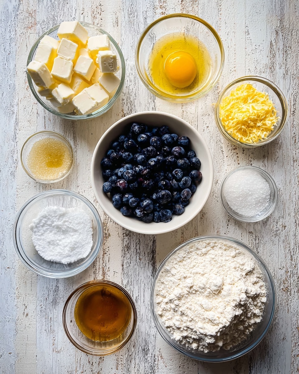 A top-down view shows various ingredients arranged neatly on a white marbled surface. Starting from left, there is a clear glass bowl filled with small white cubes of butter on the top left. Beside it, a small clear bowl holds a single bright yellow egg yolk. To the right, another small clear bowl contains grated yellow lemon zest. Below these, a large white bowl is filled with dark blue blueberries with a slightly shiny texture. There is a small clear bowl next to it with a light, translucent liquid. Below these, a small clear bowl holds golden honey with a smooth texture. To the bottom right, a large clear glass bowl contains white flour, textured and piled high. At the mid-bottom area, there is a small clear bowl filled with white granulated sugar and another small clear bowl contains fine white salt. Finally, at the bottom left, a medium clear glass bowl holds white powdered sugar. The mix of colors and textures stands out clearly on the worn white marbled surface. photo taken with an iphone --ar 4:5 --v 7