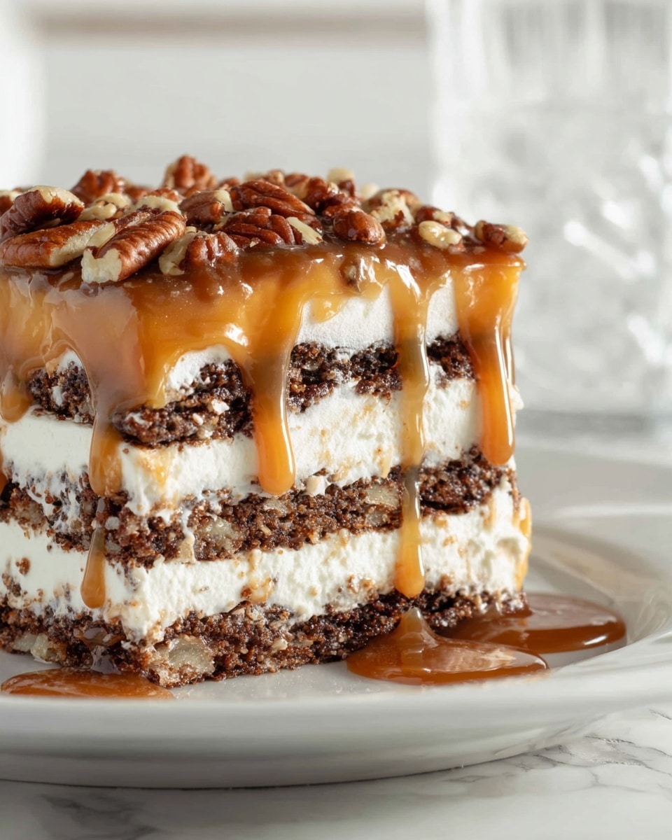 This dessert shows four layers of dark brown cookie or cake pieces alternating with three thick layers of creamy white filling. On top, the dessert is covered with chopped pecans and a thick, glossy caramel sauce that drips down the sides. The dessert is on a white plate with a white marbled surface underneath. The background is softly blurred, with a clear focus on the front piece showing the texture of the creamy and crunchy layers clearly. photo taken with an iphone --ar 4:5 --v 7