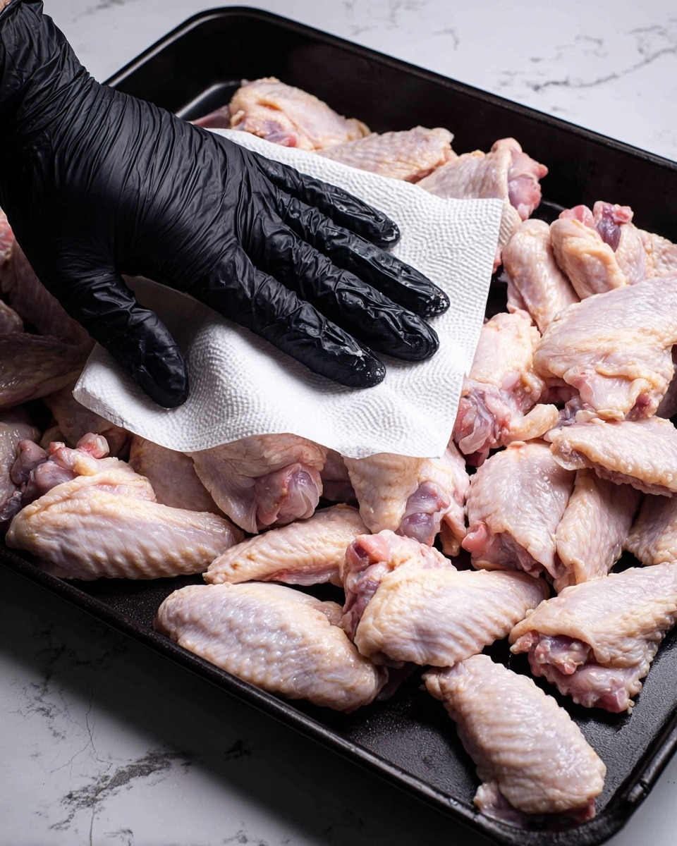 A black baking tray holds one layer of raw chicken wings spread out evenly. The chicken wings are pale pink with some small patches of light fat and bone visible. A woman's hand wearing a black glove is pressing down gently on a white paper towel, patting the chicken wings dry. The background shows a white marbled texture. photo taken with an iphone --ar 4:5 --v 7