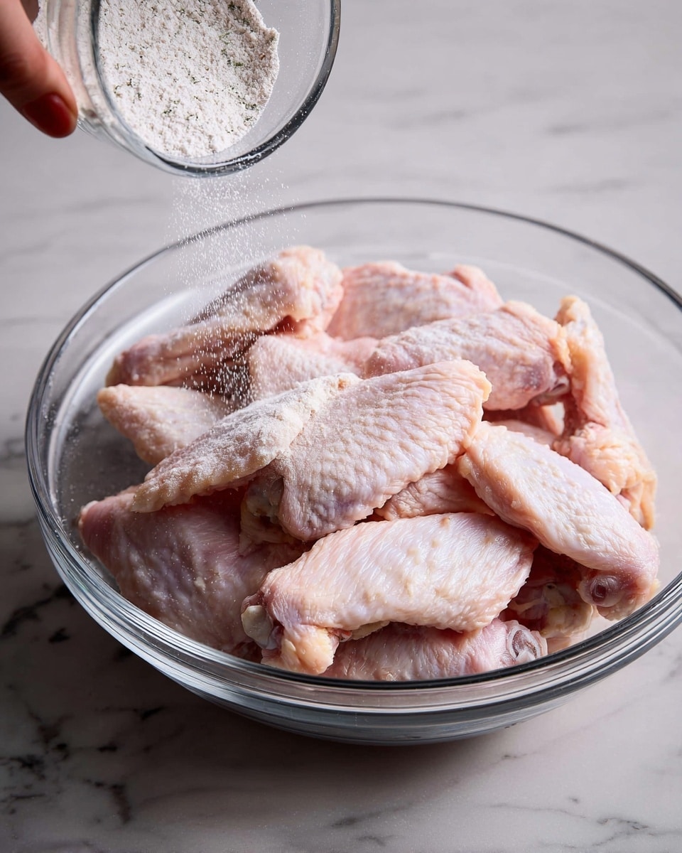 A clear glass bowl filled with about ten raw chicken wings showing pale pink skin and some white fatty parts, sitting on a white marbled surface; above the bowl, a woman's hand pours a white powder mixed with black specks gently over the wings, creating a light dusting on the meat; the texture of the wings shows smooth skin and slight fat underneath, all arranged loosely inside the bowl photo taken with an iphone --ar 4:5 --v 7