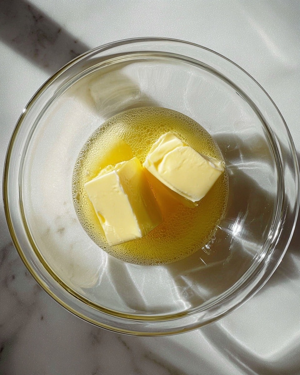 A clear glass bowl holds two thick yellow solid butter pieces melting in a small pool of golden liquid butter at the bottom; the bowl sits on a white marbled surface, catching soft light and casting gentle shadows around, creating a warm and simple scene photo taken with an iphone --ar 4:5 --v 7