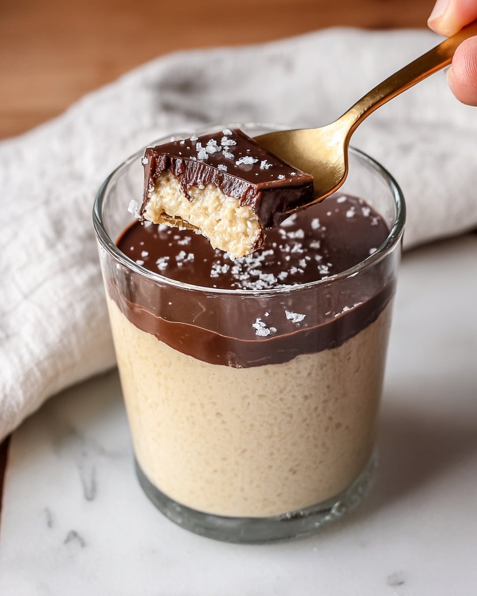 A clear glass filled with two layers: the bottom layer is a creamy light beige pudding with a grainy texture, and the top layer is a smooth, glossy dark chocolate sheet sprinkled lightly with coarse sea salt crystals. A golden spoon held by a woman's hand lifts a piece of the chocolate layer along with a scoop of the pudding, showing the thick, rich chocolate cracking as it breaks. The glass is placed on a white marbled surface with a soft white cloth in the background. photo taken with an iphone --ar 4:5 --v 7