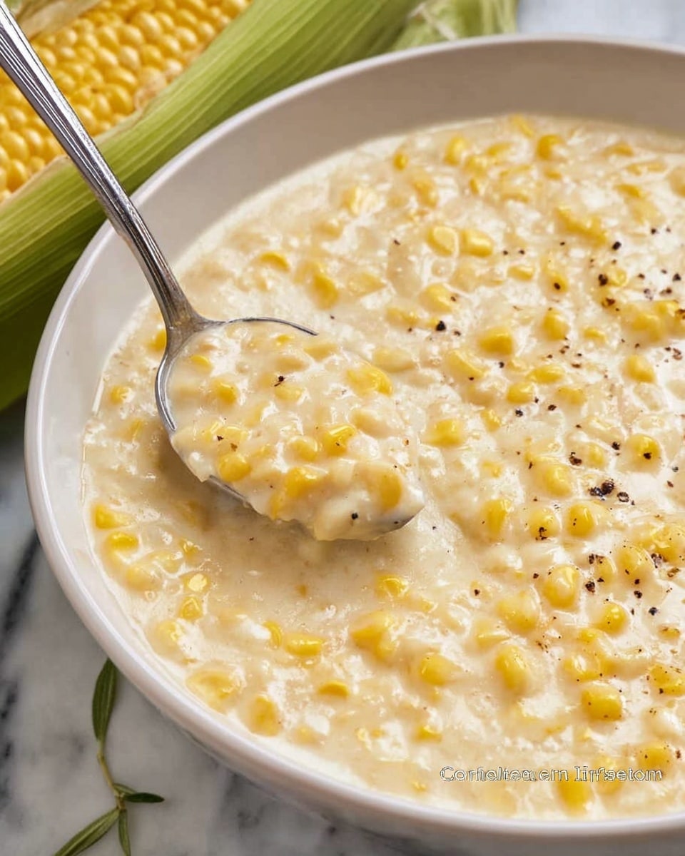 The image shows a close-up of a white bowl filled with a creamy corn dish. The dish has yellow corn kernels mixed in a thick white sauce with a smooth texture. Small black pepper specks are scattered across the surface, adding a bit of contrast. A metal spoon is scooping into the creamy mixture, lifting some of it up. Part of a corn cob and a green corn husk are visible near the bowl on a white marbled surface. The photo taken with an iphone --ar 4:5 --v 7