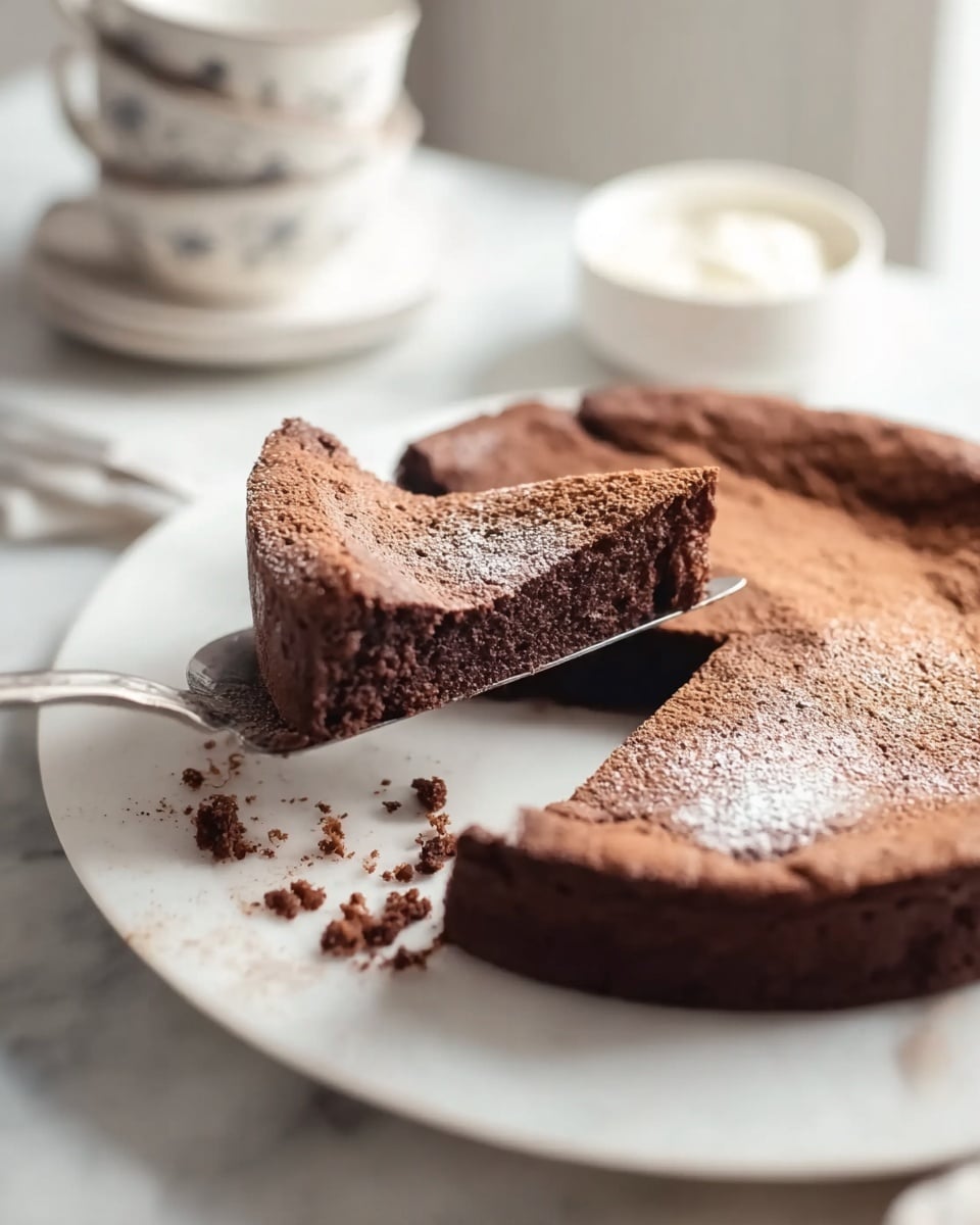 The image shows a close-up of a round chocolate cake on a white plate with a white marbled surface underneath. One slice is being lifted with a silver cake server, revealing a dense, dark brown interior and a slightly cracked, lighter brown crust on top. Crumbs are scattered around the plate, adding texture. In the background, there are stacked white cups with delicate patterns and a small white bowl containing a white cream or sauce, softly blurred. The lighting is soft and natural, creating a cozy feel. Photo taken with an iphone --ar 4:5 --v 7