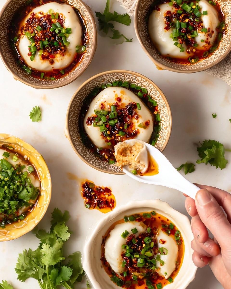 The image shows several bowls of dumplings on a white marbled surface. Each bowl has a smooth, white dumpling on top, drizzled with a red chili oil sauce and sprinkled with chopped green herbs, like cilantro and chives. There are four bowls visible, three with a brown pattern on the outside and two with a yellow pattern, all white inside. One bowl in the lower right corner has a dumpling with a bite taken out, revealing a light, creamy filling inside. A woman's hand using a white and gold spoon holds the bitten dumpling in the foreground. Small scattered green herbs and patches of cilantro leaves decorate the surface around the bowls. Photo taken with an iphone --ar 4:5 --v 7