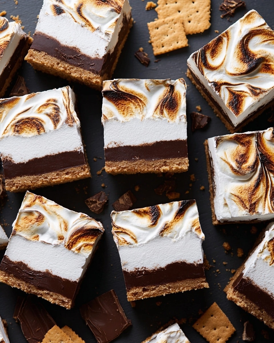 The image shows many square s'mores bars arranged close together on a dark surface, changed to a white marbled texture. Each bar has three layers: the bottom layer is a light brown crumbly base, the middle layer is a thick, smooth dark brown chocolate, and the top layer is a white toasted marshmallow with brown swirls and slightly burnt spots. Around the bars, there are pieces of broken chocolate and light brown graham crackers scattered. The bars are neatly cut with clean edges, and the lighting highlights the textures and toasted details on the marshmallow layer photo taken with an iphone --ar 4:5 --v 7