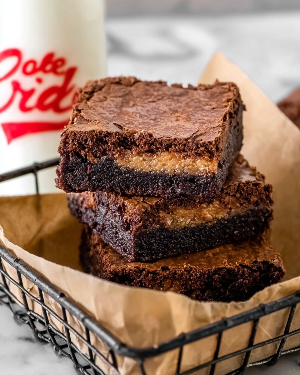 Three chocolate brownies with a cookie layer in the middle are stacked on top of each other inside a black wire basket lined with light brown parchment paper. The brownies have a rich, dark brown color with a cracked, slightly rough texture on top and a smooth cookie base that is lighter brown. In the background, part of a white milk bottle with red text is visible, and the surface is a white marbled texture. photo taken with an iphone --ar 4:5 --v 7