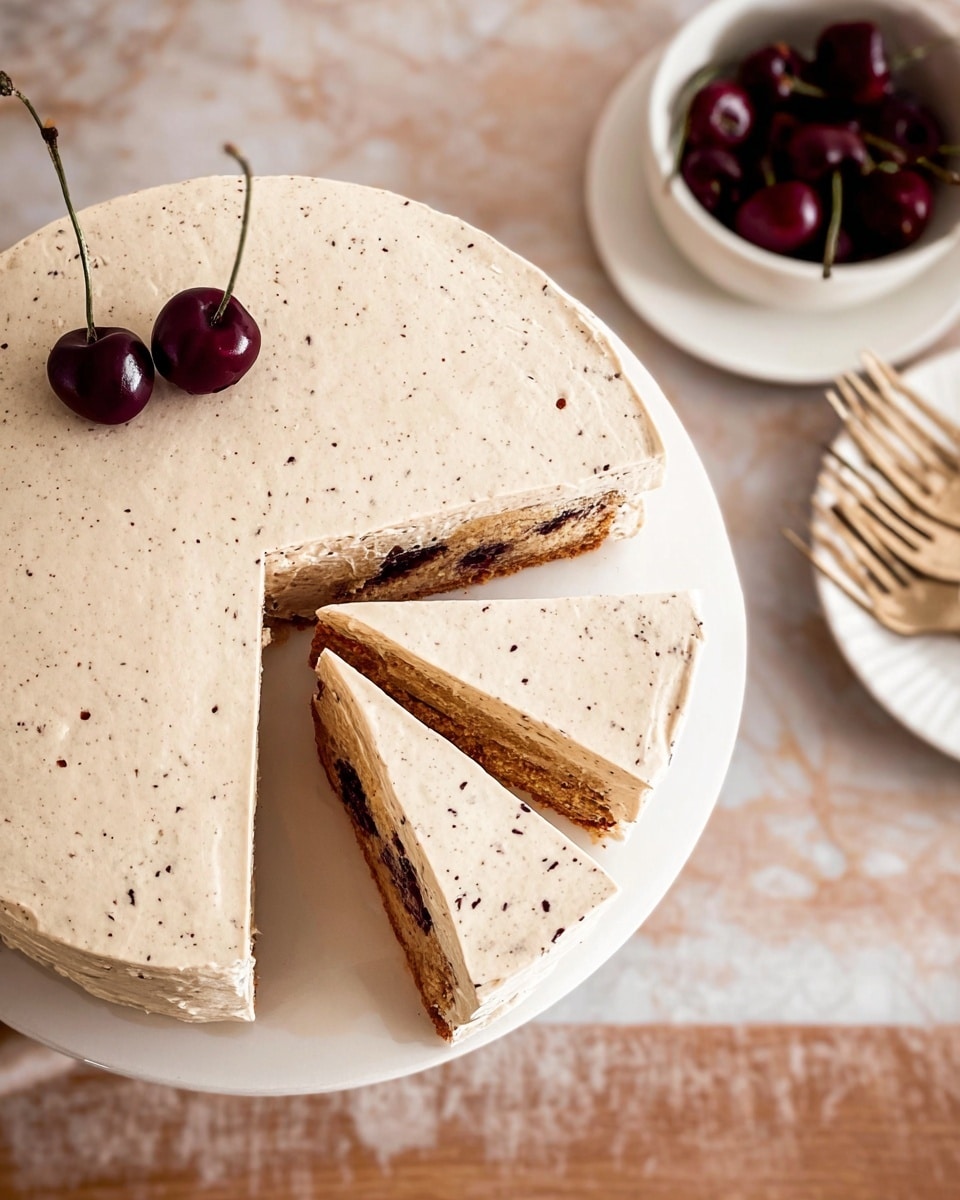 A round cake with two main layers is shown from above, placed on a white plate on a white marbled surface. The bottom layer is golden brown with a slightly rough texture. The top layer is thick, creamy, and light beige with dark specks evenly spread, covering the whole surface smoothly. Two dark red cherries with stems rest on the upper left side of the cake. Three slices have been cut and slightly pulled apart, revealing the rich brown filling between the cake and frosting layers. In the background, there is a white cup filled with cherries sitting on a white saucer with several cream-colored forks neatly arranged on it. The photo taken with an iphone --ar 4:5 --v 7