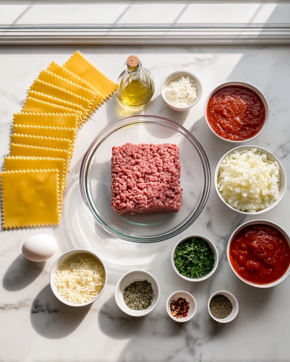 A flat white plate on the left holds six yellow lasagna sheets with ruffled edges, fanned out neatly. At the center, a clear glass bowl contains a block of pink ground meat with a textured surface. Surrounding this, smaller white bowls hold finely chopped white onions, minced garlic, smooth red tomato sauce, darker red tomato paste, chopped green parsley, grated white cheese, and creamy white ricotta cheese. Additional small white bowls display green dried herbs, a mix of salt and black pepper, red chili flakes, and light-colored grated parmesan cheese. A single white egg and a small clear bottle of olive oil sit beside the bowls on a white marbled surface under bright natural light from a window above. photo taken with an iphone --ar 4:5 --v 7