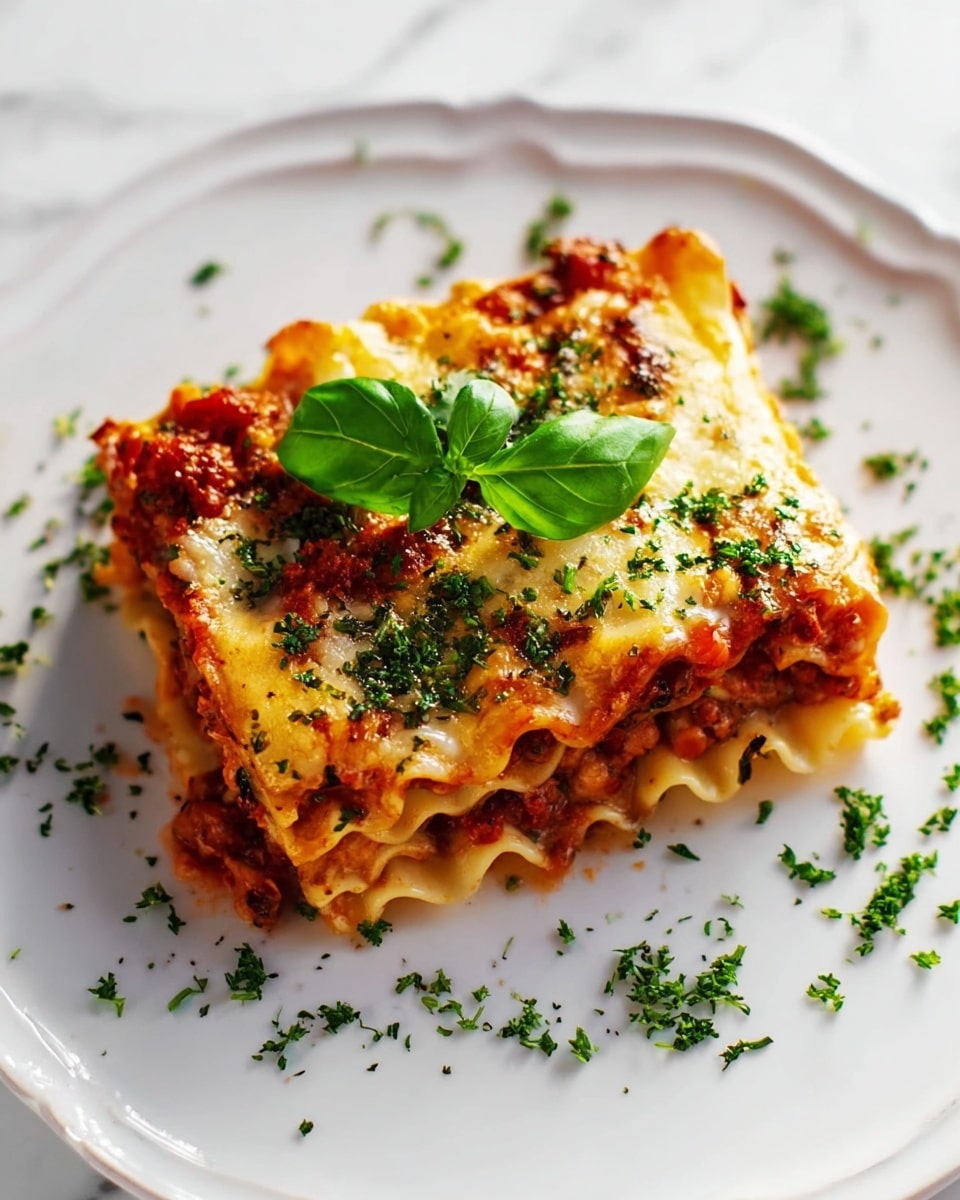 A square piece of lasagna is placed in the center of a white plate with a subtle embossed design. The lasagna has several layers visible: a top layer of melted golden-brown cheese with a slightly crispy texture, underneath a bright red tomato sauce mixed with tiny bits of cooked meat, followed by creamy white layers of cheese and pasta sheets. The edges of the pasta sheets are wavy. The lasagna is sprinkled generously with finely chopped green herbs, and a fresh green basil leaf is placed on top. Small scattered herb pieces are also visible on the plate around the lasagna, all set on a white marbled surface. photo taken with an iphone --ar 4:5 --v 7