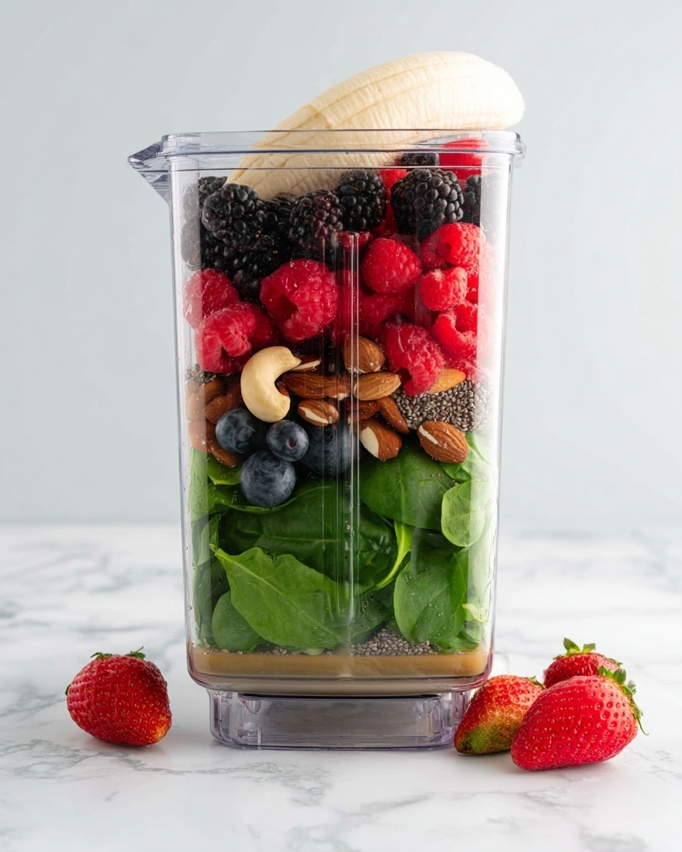 A clear blender container sits on a white marbled surface, filled with five visible layers of ingredients. The bottom layer is a light golden liquid, followed by bright green spinach leaves with chia seeds and mixed nuts like almonds and cashews on top. Above this is a peeled banana half positioned upright against the blender wall. The next layer contains bright red raspberries and strawberries mixed with deep navy-blue blueberries. The topmost layer is a mix of large dark blackberries and a few blueberries scattered among the strawberries and raspberries. A few fresh strawberries rest on the white marbled surface near the blender. The photo is taken with an iphone --ar 4:5 --v 7