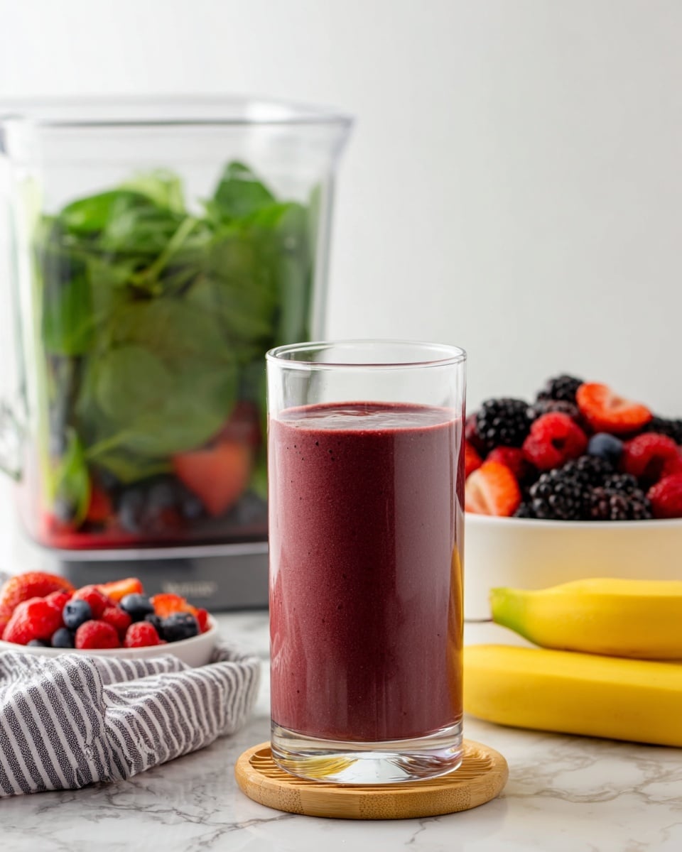 A tall clear glass filled with a smooth, dark purple smoothie sits on a light wooden coaster in the foreground. Behind it to the left, there is a clear blender jar filled with fresh green spinach leaves, red raspberries, blackberries, and blueberries. To the right, there is a white bowl heaped with red strawberries, blackberries, and blueberries. Next to the bowl, two yellow bananas rest on the white marbled surface. The overall scene is bright with a soft white background and a striped gray and white cloth on the bottom left. Photo taken with an iphone --ar 4:5 --v 7