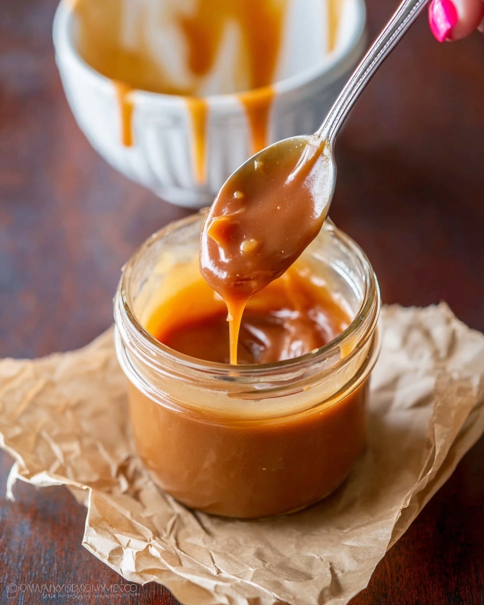 A close-up view shows a clear glass jar filled with thick caramel sauce that is shiny and smooth with a few small lumps. A metal spoon is dipped into the jar, covered with caramel, and a woman's hand with pink nail polish is holding the spoon. Behind and above the jar, there is a white bowl with caramel sauce dripping off its edge, creating small orange-brown lines. The jar sits on a piece of crumpled beige parchment paper, all placed on a dark wooden surface. The background is softly blurred, keeping the focus on the jar and spoon. Photo taken with an iphone --ar 4:5 --v 7