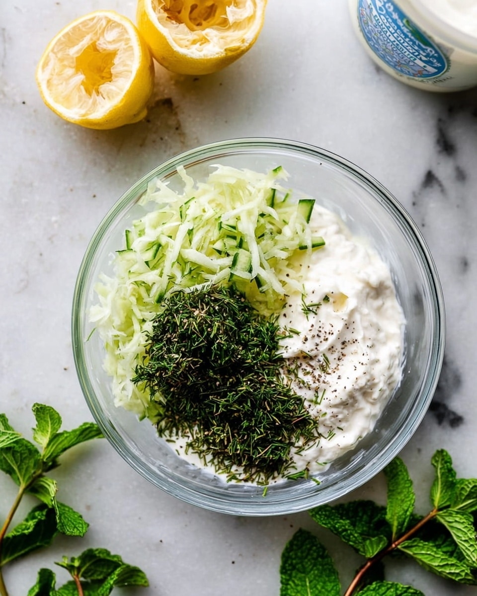 A clear glass bowl holds three main layers: a thick white creamy base with a smooth texture, a heap of light green shredded cucumber on one side, and a cluster of finely chopped dark green fresh herbs on the other side, all sprinkled with small black pepper specks. Two lemon halves with visible pulp and some herbs sprinkled on top sit above the bowl on a white marbled surface. Around the bowl, fresh bright green mint leaves and a white container of Greek yogurt can be seen partially in view. Photo taken with an iphone --ar 4:5 --v 7