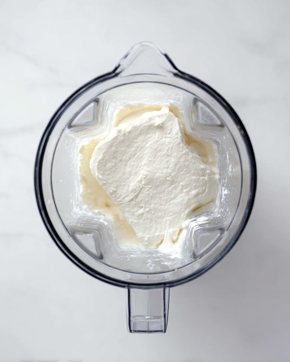 A clear blender jar is shown from the top view, filled with a single layer of thick, creamy white mixture with a slightly uneven texture, sitting inside the blender's transparent container. The background is a white marbled texture. photo taken with an iphone --ar 4:5 --v 7