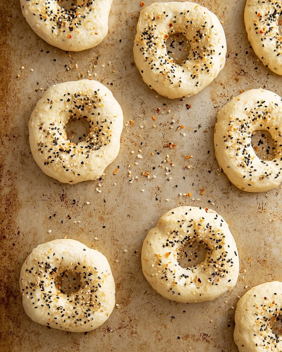 Several round dough rings are placed on a baking sheet with a light brown color and spots of wear. Each ring has a hole in the middle and is topped with a mix of black and white sesame seeds and small bits of seasoning. The dough looks soft and slightly puffed with a pale cream color. The background shows some scattered seeds and baking marks on the baking sheet. Photo taken with an iphone --ar 4:5 --v 7