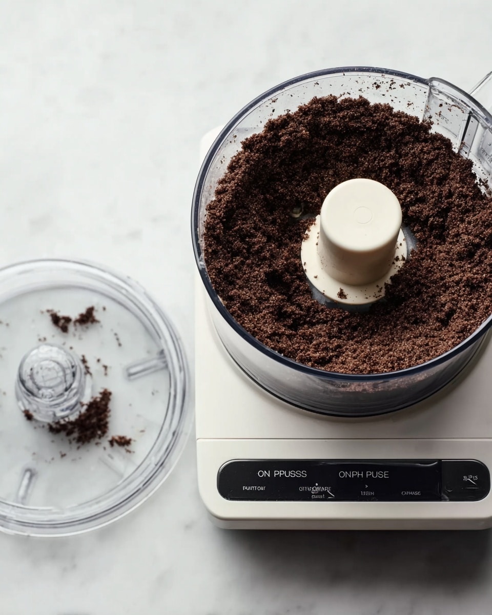 The image shows a close-up of a food processor on a white marbled surface. The clear plastic bowl of the processor is filled with a dark brown, crumbly mixture almost reaching the top, with a central white plastic piece protruding from the middle. Next to the bowl is the clear plastic lid placed upside down, showing a few small bits of the mixture inside. The base of the food processor is white with a black switch labeled ON and OFF-PULSE. photo taken with an iphone --ar 4:5 --v 7
