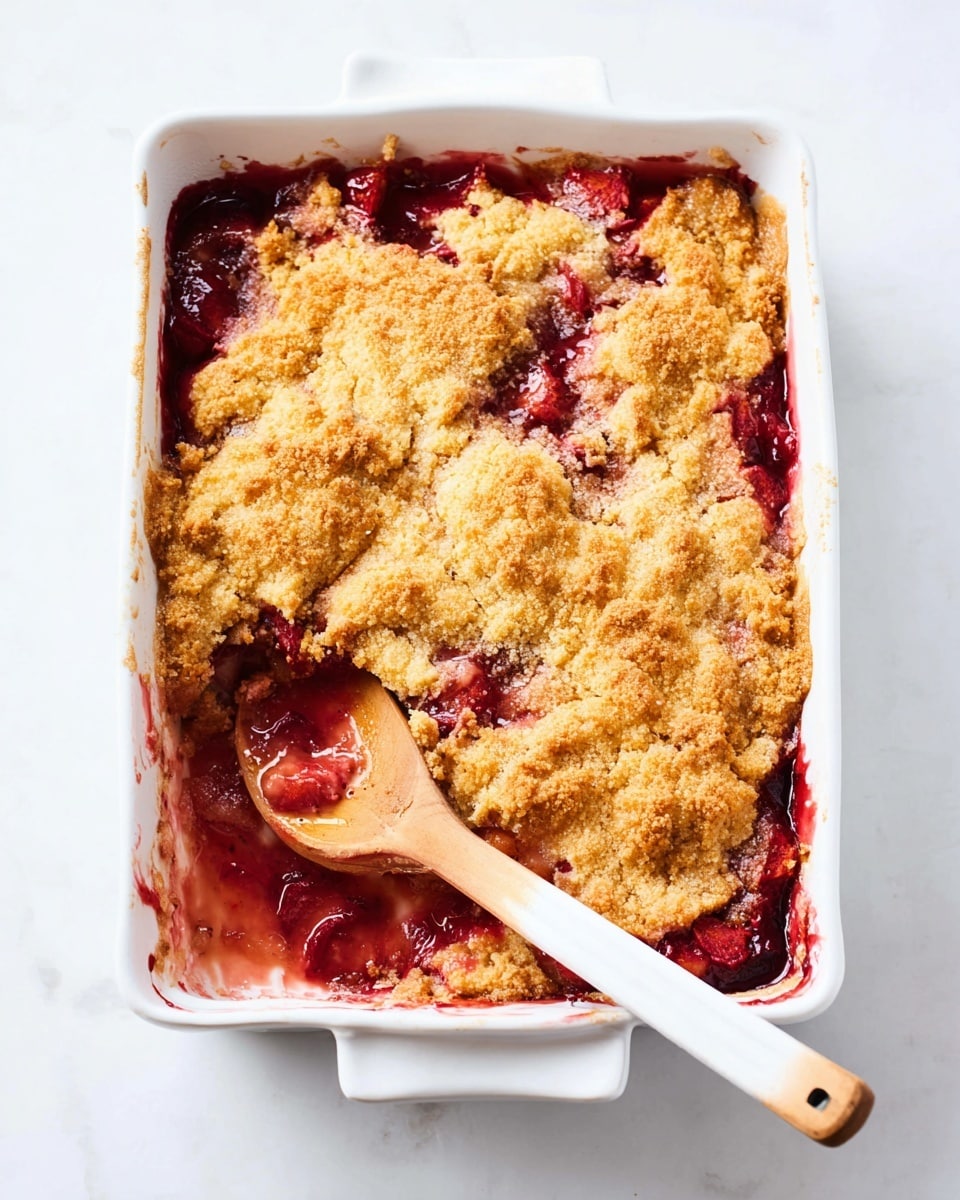 A white rectangular baking dish holds a golden-brown fruit cobbler with a rough, crumbly textured top layer that shows patches of deep red fruit filling bubbling up around the edges and through cracks in the crust; a wooden fork with a white handle is dipping into a scooped corner of the cobbler, revealing a thick and moist inner layer beneath the crust, while the dish rests on a white marbled surface. photo taken with an iphone --ar 4:5 --v 7