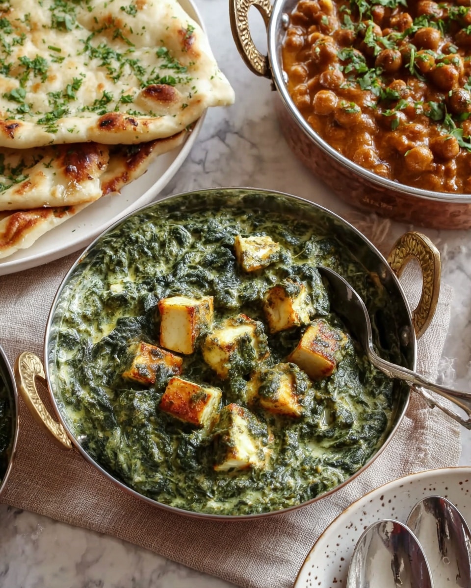 The image shows a close-up of a round, shallow copper serving pan with two decorative handles, filled with creamy green spinach mixed with golden brown cubes of paneer cheese. A silver spoon rests inside the pan on the right side. Behind the pan is another copper pan filled with a reddish-brown chickpea curry garnished with fresh green herbs. To the left, a white plate holds folded pieces of soft naan bread sprinkled with chopped green herbs. The scene is set on a white marbled surface with a beige linen cloth underneath the pans and dishes, and a white speckled plate with two silver spoons lies to the right. Photo taken with an iphone --ar 4:5 --v 7