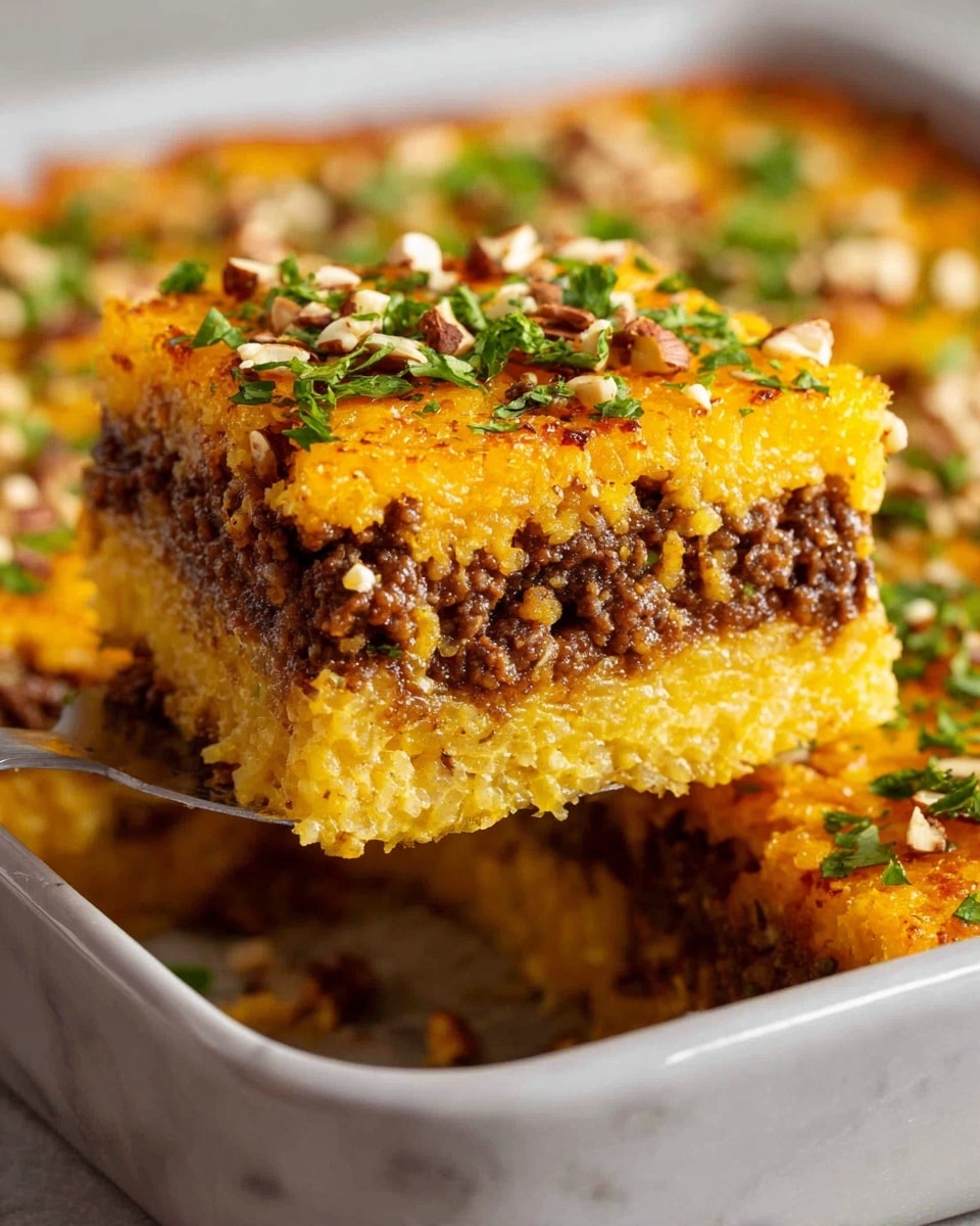 The dish is a square piece of layered casserole being lifted from a white tray. The bottom layer is golden and textured, looking like cooked rice or mashed potatoes. The middle layer is thick, dark brown minced meat mixed with small chunks, giving a slightly rough texture. The top layer is bright orange with a soft and fluffy texture, sprinkled with chopped green herbs and small light beige nuts, adding a fresh and crunchy look. The casserole top and surrounding tray surface are also decorated with the same green herbs and nuts against a white marbled textured background. Photo taken with an iphone --ar 4:5 --v 7
