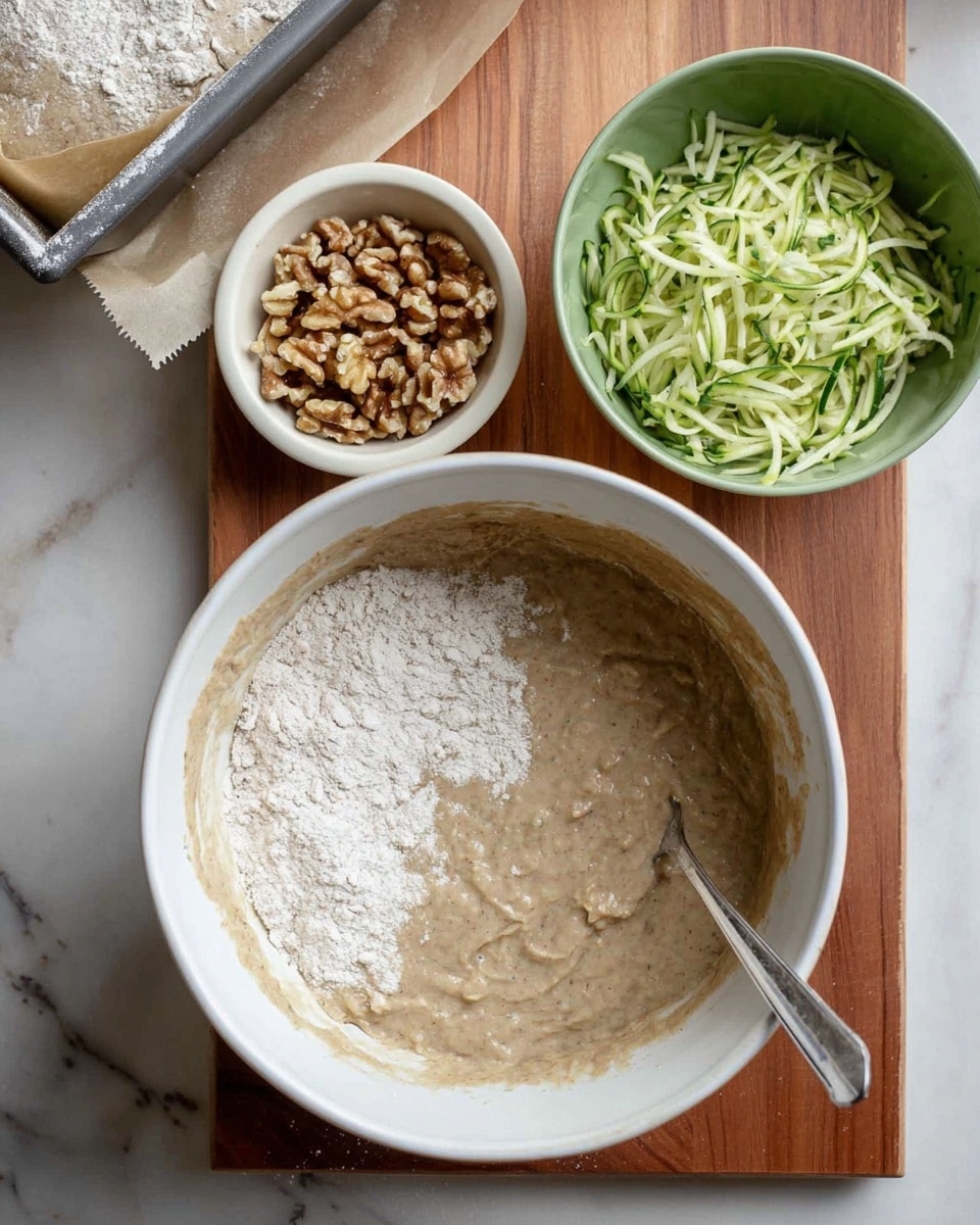 A white bowl filled with a light brown batter that has patches of dry flour on top, with a silver spoon resting inside the bowl on the right side; beside it, there is a green bowl containing shredded green zucchini and a small round white bowl holding walnut halves. In the upper left corner, there is a parchment-lined loaf pan. All items are placed on a white marbled surface that has a wooden cutting board under the bowls. Photo taken with an iphone --ar 4:5 --v 7