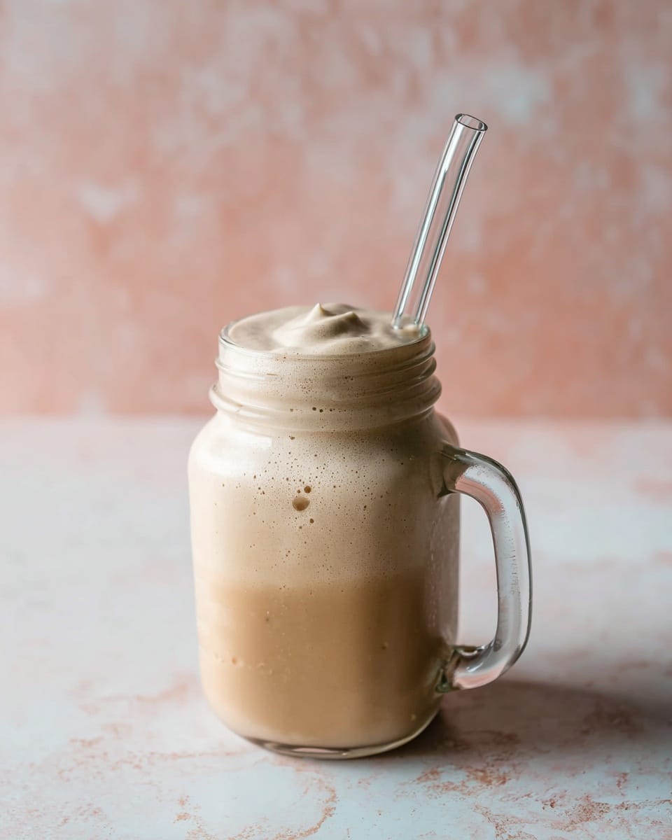 A clear glass mug filled with a thick, creamy light brown frothy drink topped with small bubbles and a slight peak, with a clear glass straw placed inside. The mug has a sturdy handle and sits on a white marbled surface with soft pink and white blurred background. photo taken with an iphone --ar 4:5 --v 7