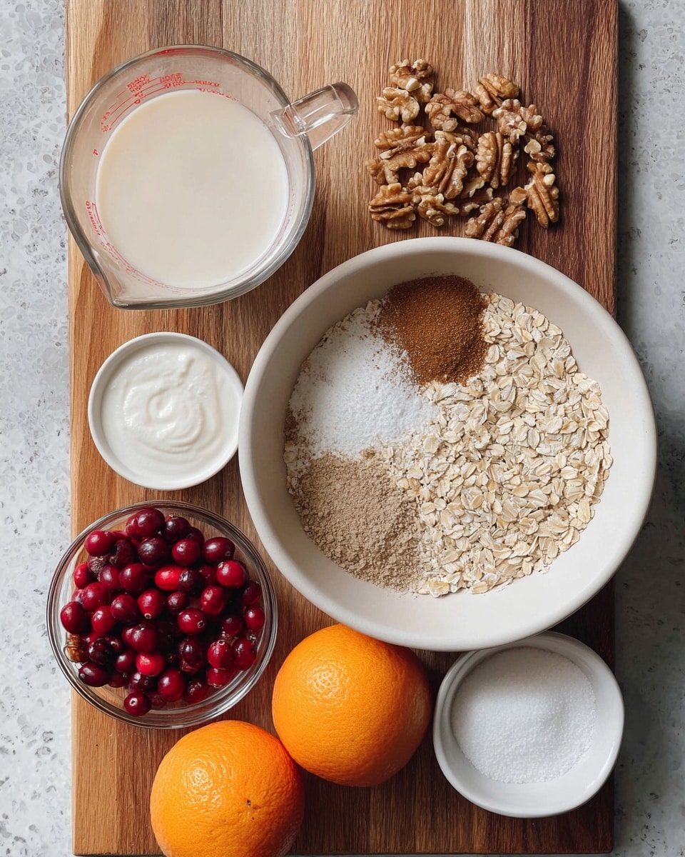 A top view of several baking ingredients arranged on a wooden board over a white marbled surface. On the right, a large white bowl holds three layers of dry ingredients: light beige rolled oats on the right side, a white flour layer mixed with white powder in the middle, and a brown spice layer on top, slightly spreading over the flour. To the left, there is a clear glass measuring cup filled with a frothy light beige liquid. Below it, a small white bowl contains thick white yogurt, and next to it, another small white bowl holds white granulated sugar. At the bottom left corner, a small clear glass cup is filled with bright red cranberries. Nearby on the board, there are two whole bright orange oranges and a small white bowl of chopped walnuts. Photo taken with an iphone --ar 4:5 --v 7
