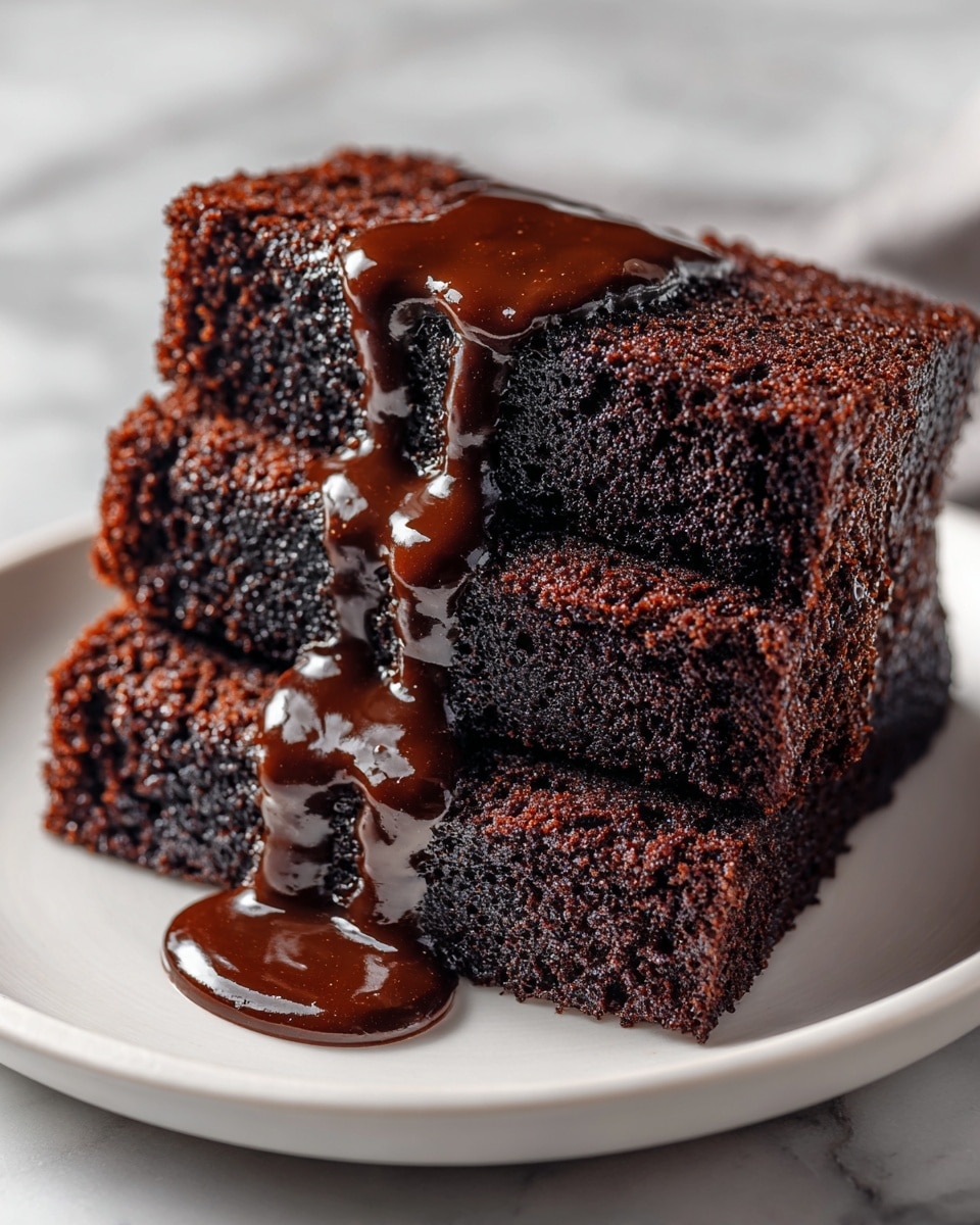 Three thick slices of dark chocolate cake are stacked slightly unevenly on a white plate, showing the soft and moist texture of the cake with tiny air holes. A thick, shiny, dark chocolate sauce is poured over the top slice, slowly dripping down over the middle slice and pooling a little on the plate. The rich chocolate layers and sauce contrast against the smooth white plate, all placed on a white marbled surface. photo taken with an iphone --ar 4:5 --v 7