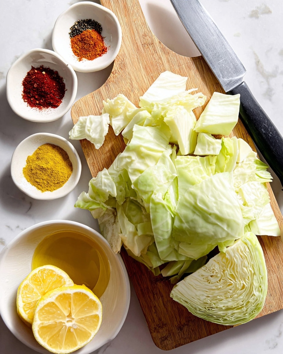 A wooden cutting board on a white marbled surface holds a pile of roughly chopped pale green cabbage pieces with visible texture and veins. A large knife with a black handle rests diagonally on the board. To the left, a small white bowl contains four separated piles of dry spices in colors yellow, black, white, and bright red arranged in a clockwise circle. Below it, another white bowl holds golden oil. At the bottom left, a small white bowl is filled with some bright yellow lemon wedges, and a halved lemon lies nearby, showing its juicy segmented interior. The photo taken with an iphone --ar 4:5 --v 7