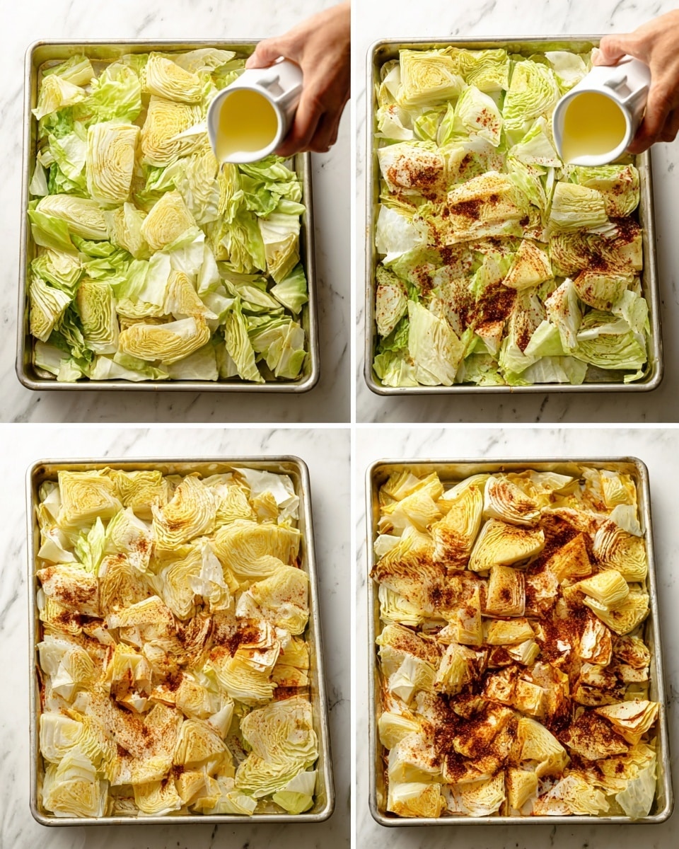 The image shows four stages of preparing roasted cabbage in a metal baking tray on a white marbled surface. In the first stage, large pieces of fresh green and pale yellow cabbage fill the tray evenly, with a woman's hand pouring a small white cup of yellow oil across the top. In the second stage, the cabbage is sprinkled with a reddish-brown seasoning that is spread unevenly but covers most of the leaves. The third stage shows the cabbage slightly wilted and coated with the seasoning, turning a light brownish color while still keeping some light green and cream areas. The last stage reveals the cabbage fully cooked, with the leaves now darker golden brown, some edges slightly browned or crisped, and the seasoning soaked in, creating a rich textured look. photo taken with an iphone --ar 4:5 --v 7