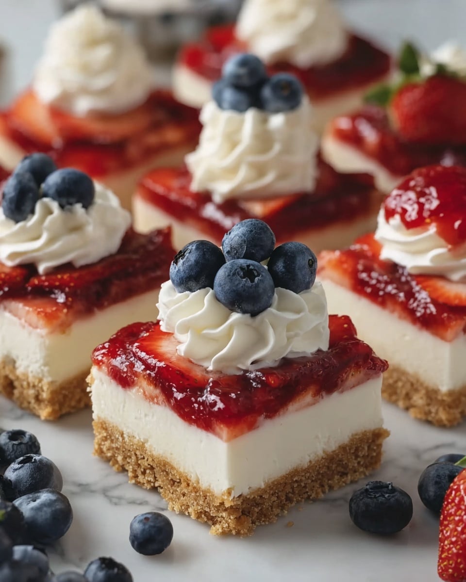The image shows several square dessert bars arranged on a white marbled surface. Each bar has three layers: the bottom layer is a thick, crumbly light brown crust, the middle layer is a creamy white filling, and the top layer is covered with shiny red strawberry slices in a jelly-like glaze. On top of each bar sits a small swirl of white whipped cream, with a bunch of fresh, dark blue blueberries placed on the whipped cream or nearby, adding a pop of blue color. One bar has a cluster of blueberries on the whipped cream, while others have whipped cream topped with a dollop of strawberry jam and whole strawberries. Photo taken with an iphone --ar 4:5 --v 7