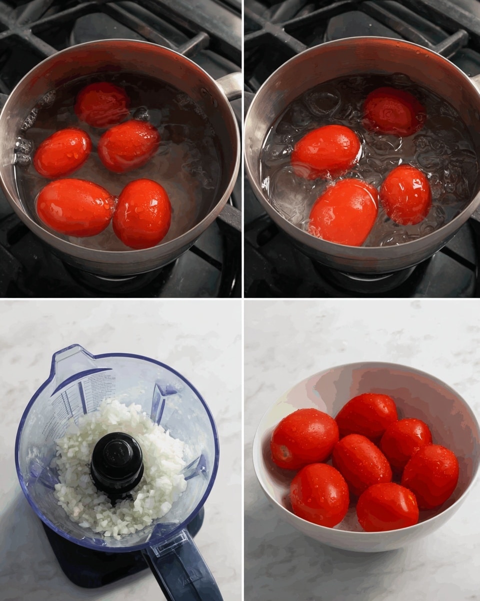 The first image shows five bright red tomatoes in a metal pot filled with clear water, placed on a stove with black grates. The second image features the same five red tomatoes placed in a white bowl filled with ice water, creating a shiny and wet look on the tomatoes' skin. The third image displays a food processor with finely chopped white onion inside, showing its texture around the central black blade, all set on a white marbled surface. photo taken with an iphone --ar 4:5 --v 7