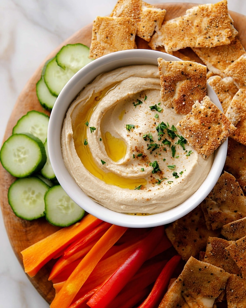 A white bowl sits in the center filled with smooth, creamy beige hummus, swirled on top with a small pool of golden olive oil, sprinkled with chopped green parsley and light brown seasoning. Around the bowl, on a round wooden board, there are crispy golden brown pita chips with a textured surface and some sesame seeds. To the left side of the bowl, three pale green cucumber slices rest, showing their fresh and moist inside. Below the bowl, colorful raw vegetable sticks including bright orange carrot sticks and red bell pepper strips fan out, adding a fresh contrast against the white marbled surface beneath. Photo taken with an iphone --ar 4:5 --v 7