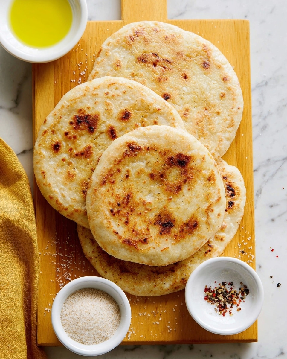 Four round flatbreads with a light brown toasted surface and some darker spots are stacked overlapping on a wooden cutting board with a warm yellow tone. On the top right corner of the board, there is a small white bowl filled with a coarse white powder, and on the bottom left corner, a white bowl with a small amount of yellow olive oil is partly visible. Some scattered salt crystals and pepper flakes are on the board near the bowls. The board is set on a white marbled surface. photo taken with an iphone --ar 4:5 --v 7