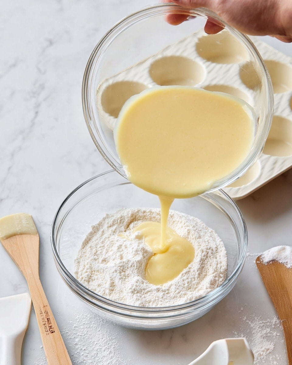A clear glass mixing bowl holds a base layer of white flour with a pale yellow wet mixture being poured on top from another glass bowl just above it, creating a smooth layer blending into the flour; the bowls are placed on a white marbled surface, with a wooden spoon and white spatula nearby and a white muffin tray visible in the upper right corner; a woman's fingers gently hold the bowl pouring the wet mixture. photo taken with an iphone --ar 4:5 --v 7