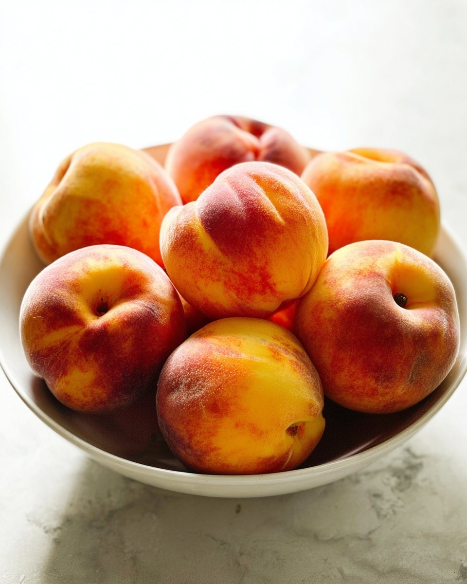 A white bowl filled with a pile of fresh peaches, each peach showing fuzzy skin in shades of orange, yellow, and red with some light worn areas, stacked closely on top of each other. The bowl sits on a white marbled surface, and the bright natural light highlights the soft texture of the fruit and creates gentle shadows around them. photo taken with an iphone --ar 4:5 --v 7