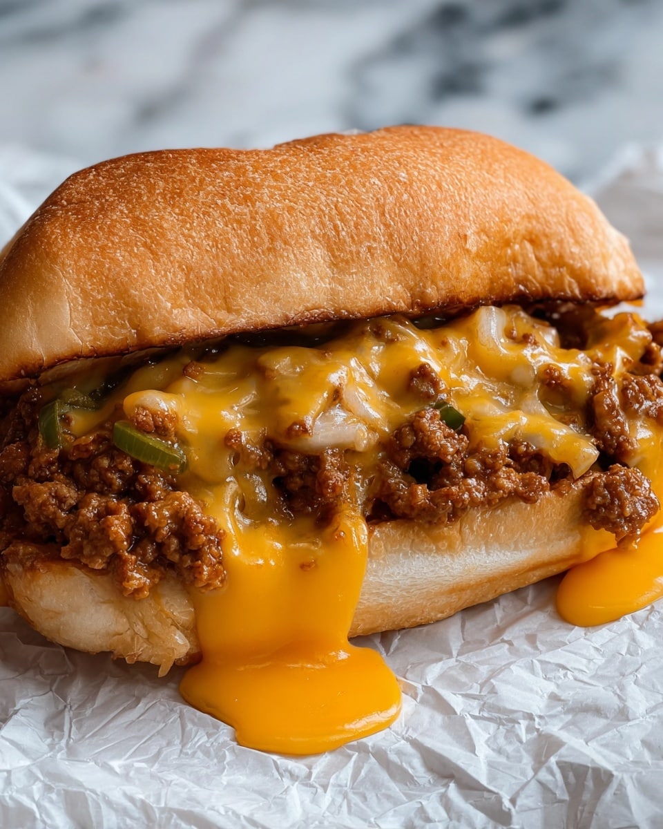 A sandwich with a soft, lightly toasted golden brown bun on top and bottom holds three main layers inside; the bottom layer is a thick spill of bright orange melted cheese flowing down, above it is a hearty layer of cooked ground meat with small bits of white onion and green bell pepper mixed in, and the top layer is the upper bun with a slightly rough texture. The sandwich sits on crinkled white paper over a white marbled surface, with the cheese melting out onto the paper. Photo taken with an iphone --ar 4:5 --v 7