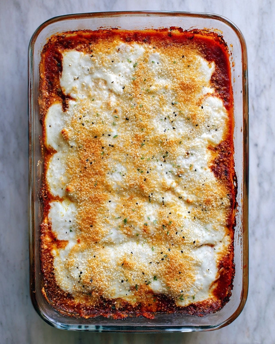 A rectangular clear glass baking dish holds a freshly baked layered dish with a top layer of melted white cheese, golden crispy breadcrumbs, and small black pepper specks scattered across. Underneath the cheese and breadcrumbs, there is a thick rich red sauce visible at the edges, showing hints of browned bubbling from baking. The dish sits on a white marbled surface. Photo taken with an iphone --ar 4:5 --v 7