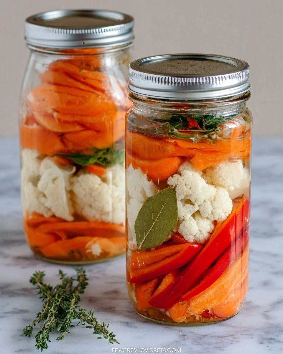 The image shows two clear glass jars filled with pickled vegetables on a white marbled surface. Inside the jars, layers of bright orange sliced carrots, white cauliflower florets, and long thin strips of red bell pepper are visible. One jar has a green bay leaf and a sprig of fresh thyme, adding a touch of green to the mix. The jars have metal lids tightly closed. The background is plain and neutral, drawing focus to the vibrant colors and textures of the pickled vegetables inside the jars. Photo taken with an iphone --ar 4:5 --v 7