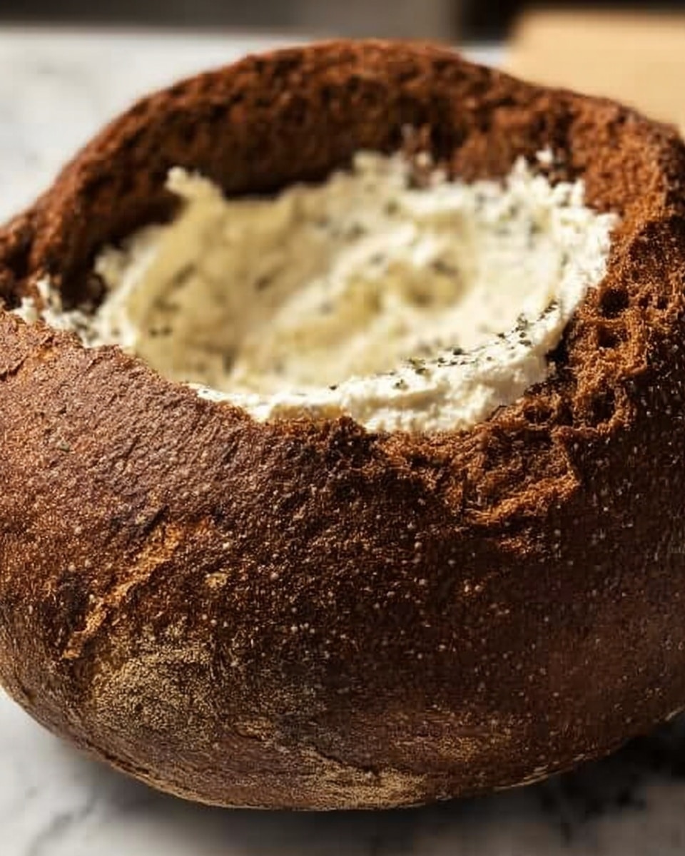 A close-up of a dark brown, round bread bowl with a rough and thick crust. The top part of the bread is hollowed out, showing a creamy white spread inside with small bits of seasoning mixed in. The creamy layer fills the hollow center, contrasting with the dark textured bread surrounding it. The bread is placed on a white marbled surface. Photo taken with an iphone --ar 4:5 --v 7