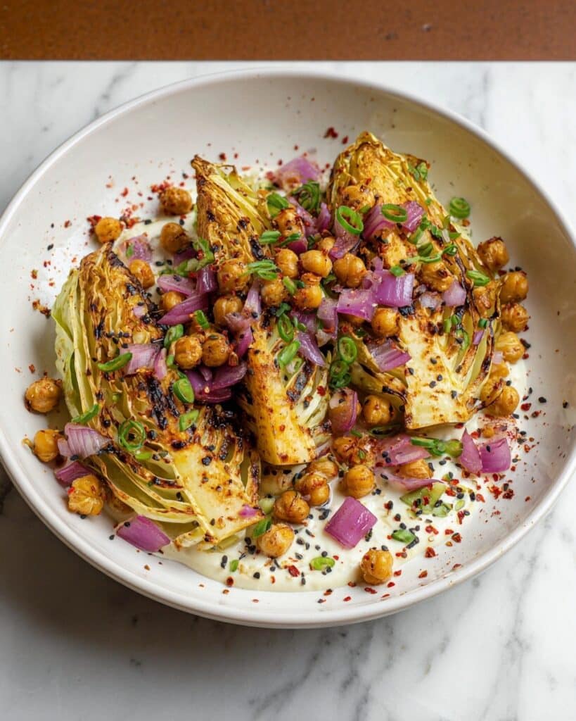 Roasted Cabbage with Garlic Lemon Chickpeas, Tahini Sauce, and Jalapeño Gremolata Recipe