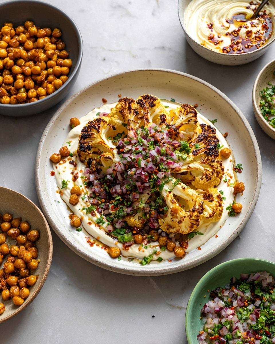 The image shows a white plate with a layer of creamy white sauce as the base, topped with roasted golden-brown cauliflower wedges arranged in the center. Surrounding the cauliflower is a scattering of small, golden roasted chickpeas. On top, there is a colorful garnish of finely chopped red onions, green herbs, and some chili flakes adding texture and color. Around the plate are bowls with extra roasted chickpeas, creamy white sauce, and a mix of chopped onions and herbs, all set on a white marbled surface. Photo taken with an iphone --ar 4:5 --v 7