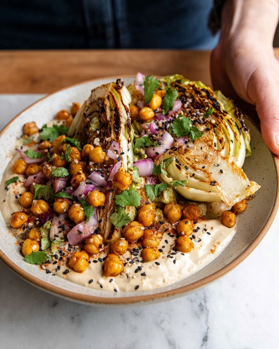 A white bowl sits on a white marbled texture, filled with a creamy light beige sauce spread on the bottom as the first layer. On top of that are golden roasted chickpeas, small and round with a slightly rough texture, scattered all over the dish. The next layer has large grilled cabbage wedges, with golden brown char marks on the edges and creamy white inner leaves showing some softness and layers. Sprinkled throughout are small pieces of finely chopped red onion and bright green cilantro leaves, adding color contrast. Small black sesame seeds are scattered across the dish, giving a touch of black dots. A woman's hand is slightly reaching toward the bowl from the right side. Photo taken with an iphone --ar 4:5 --v 7