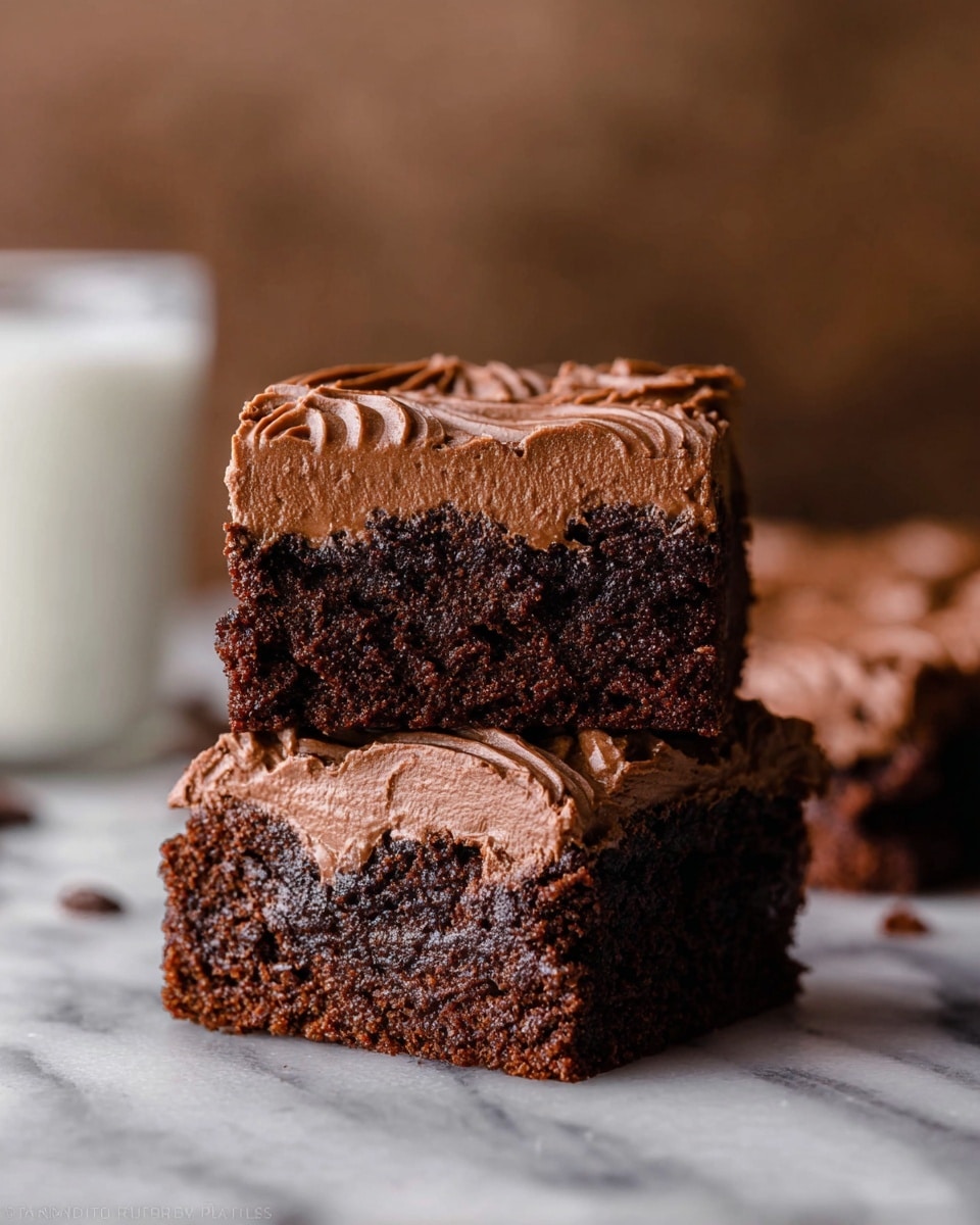The image shows two stacked square chocolate brownies on a white marbled surface. Each brownie has two layers: a dense, dark brown base layer with a slightly crumbly texture, and a thick, smooth top layer of light brown chocolate frosting with swirled patterns. The background is blurry with warm brown tones, and a glass of milk is faintly visible on the left side. Photo taken with an iphone --ar 4:5 --v 7