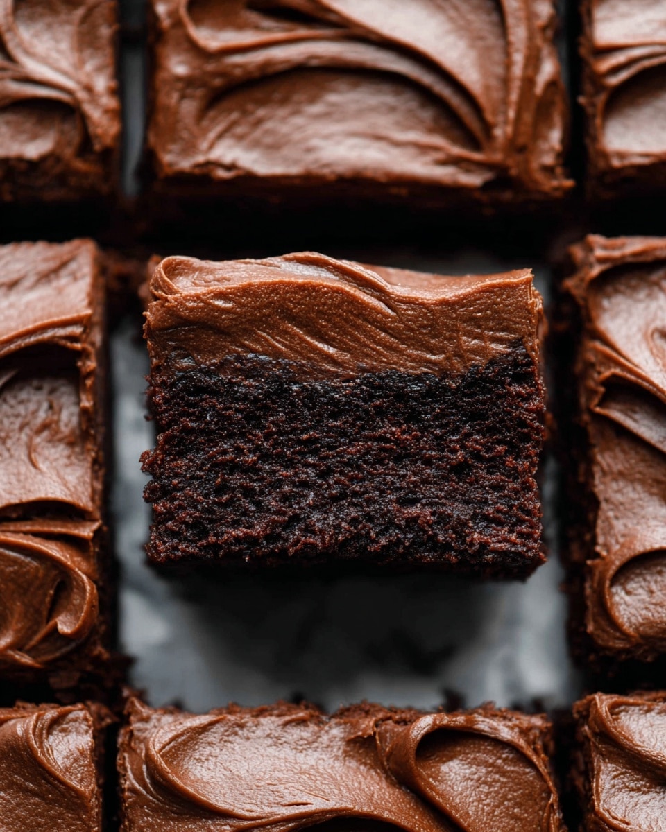 This image shows a close-up of chocolate brownies cut into square pieces arranged tightly together. Each brownie has two clear layers: a thick, dark brown, rich chocolate base with a dense and slightly crumbly texture, topped with a smooth, thick layer of shiny chocolate frosting that has gentle swirled peaks and ridges. The frosting has a creamy, glossy surface with soft waves, creating a smooth contrast to the rougher brownie bottom. One square is slightly lifted, showing the detailed textures of both layers clearly. The background is a white marbled texture. photo taken with an iphone --ar 4:5 --v 7