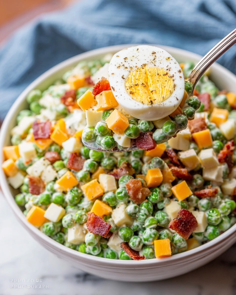A close-up image shows a white bowl filled with a colorful pea salad on a white marbled surface. The salad has several layers: the base is made of small green peas mixed with creamy white dressing, scattered with small cubes of bright orange cheddar cheese, light yellow cheese, and pieces of crispy reddish-brown bacon. On top of the salad, there is a slice of hard-boiled egg with a yellow yolk and white edges, sprinkled with ground black pepper. A spoon with a shiny silver handle holds a scoop of the salad above the bowl, showing all the ingredients clearly. Photo taken with an iphone --ar 4:5 --v 7