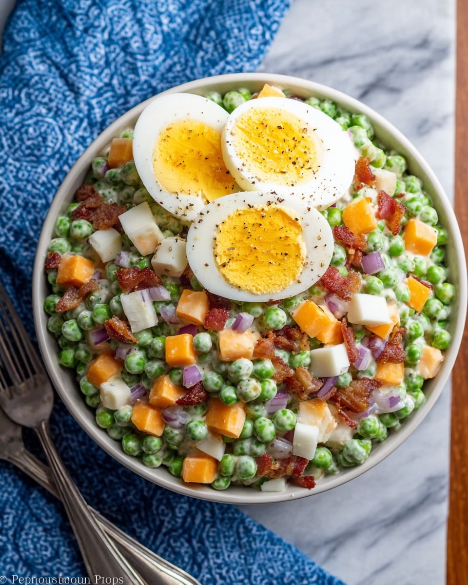 A bowl filled with a creamy pea salad showing three layers: the base is made of green peas mixed with small cubes of orange cheddar cheese and white cheese, sprinkled with small pieces of reddish-brown bacon and tiny bits of purple onion, the top layer is two slices of hard-boiled egg with a yellow yolk and white edges sprinkled with black pepper, all in a white bowl placed on a white marbled surface with a blue and white cloth and a silver fork next to it, photo taken with an iphone --ar 4:5 --v 7